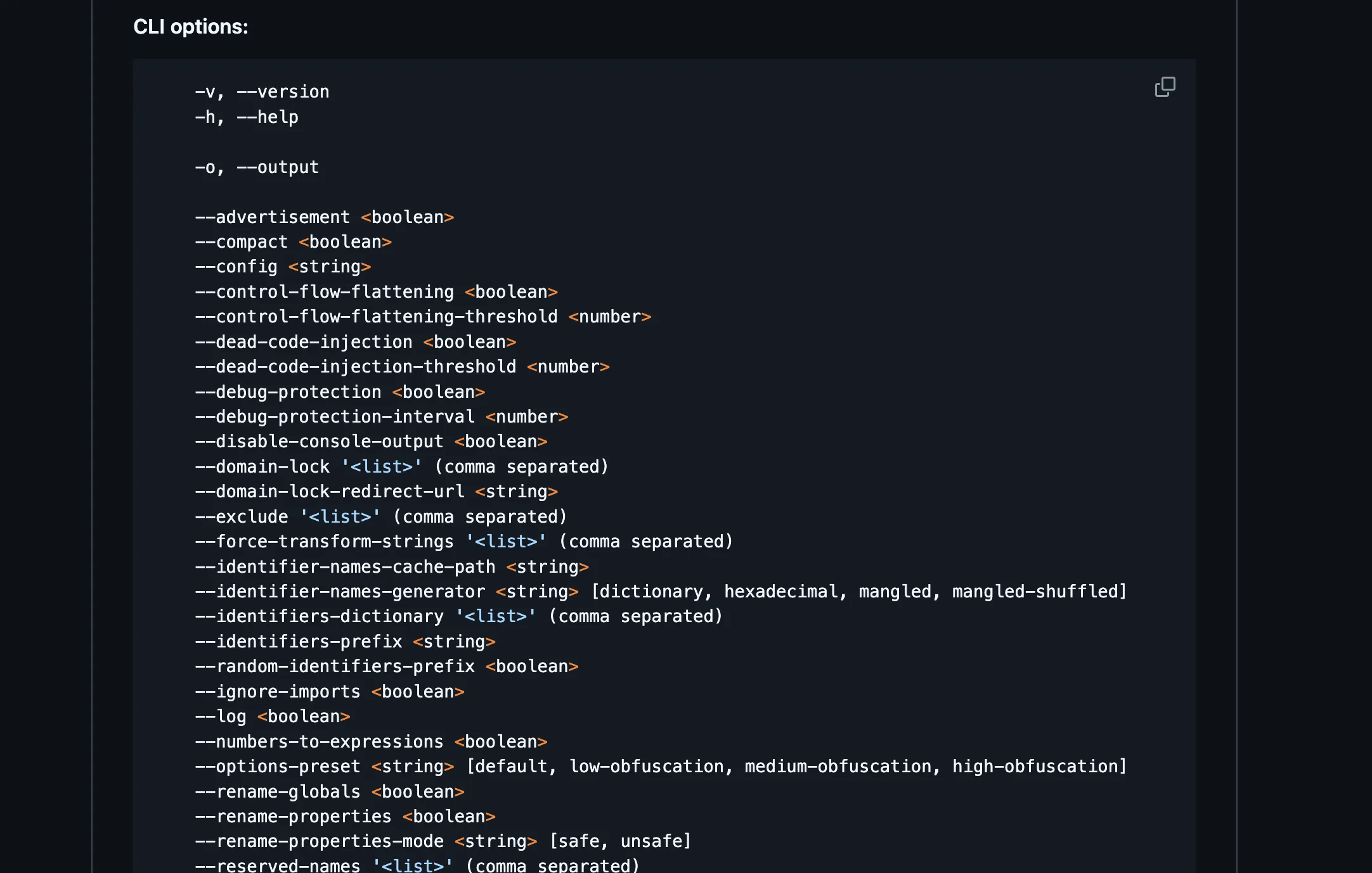 CLI flags of javascript-obfuscator